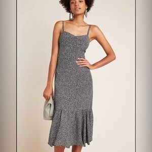 Anthropologie Tina Flounced Midi Dress Womens 10P Black White Animal Print